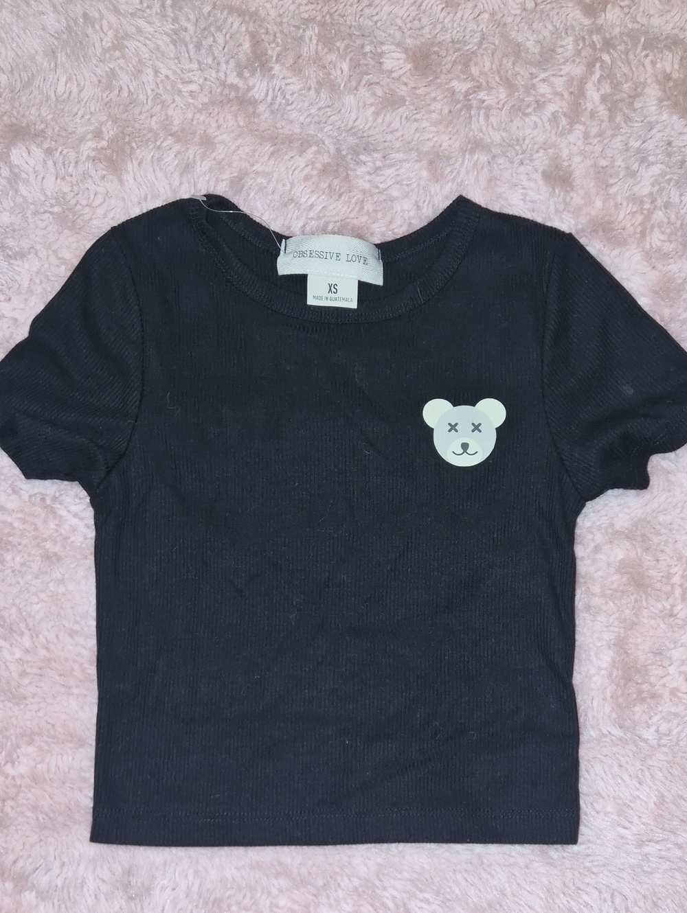 Black Ribbed Crop Top with Bear Graphic